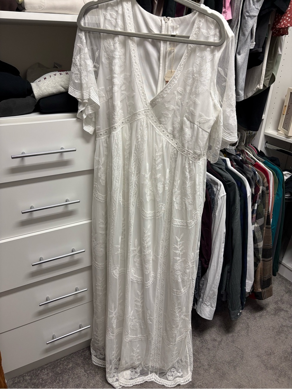 Pinkblush White Embroidered V-Neck Maxi Dress with Flutter Sleeves - Picture 3 of 4